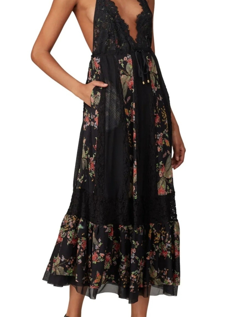 We Are HAH Deep V / Open Back, Floral And Lace Full Skirt Midi Dress, M/L